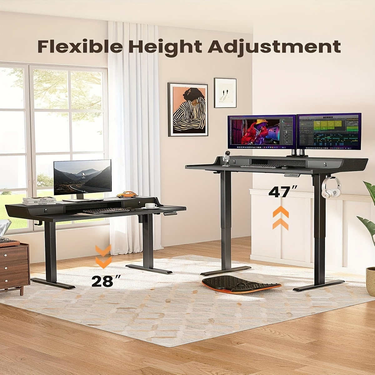 Electric Standing Desk with Drawers, 48" x 24" Adjustable Height Gaming Desk with Monitor Stand, C-Clamp Mount Compatible, Home Office Desk with Storage Shelf, 4 Preset Heights, Black