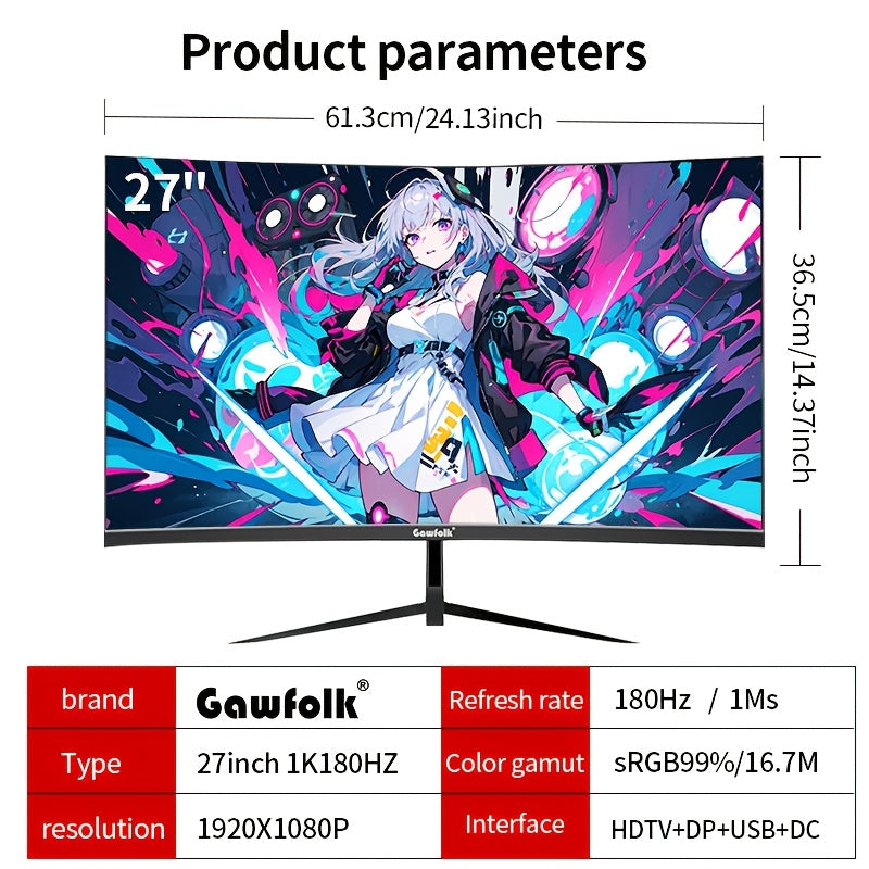 Gawfolk 32-Inch Curved Gaming Monitor 180Hz FHD 1080P, Frameless 1500R PC Computer Screen with VESA Mount, Immersive Wide-Angle View for Gaming & Multimedia, Sleek Frameless Design, High Resolution Screen