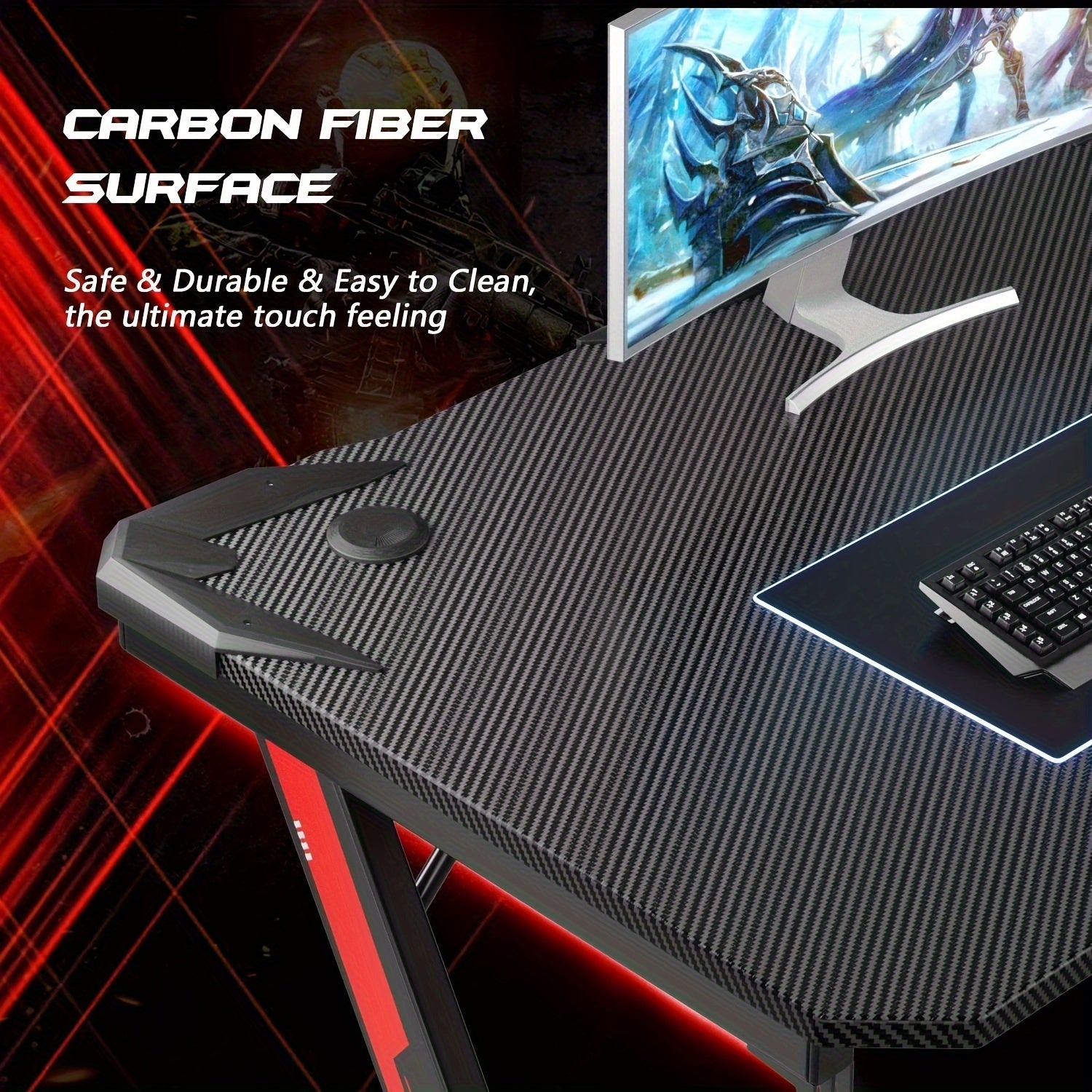44 Inches Z-Shaped Gaming Desk Carbon Fiber Surface Desk with Cup Holder & Headphone Hook