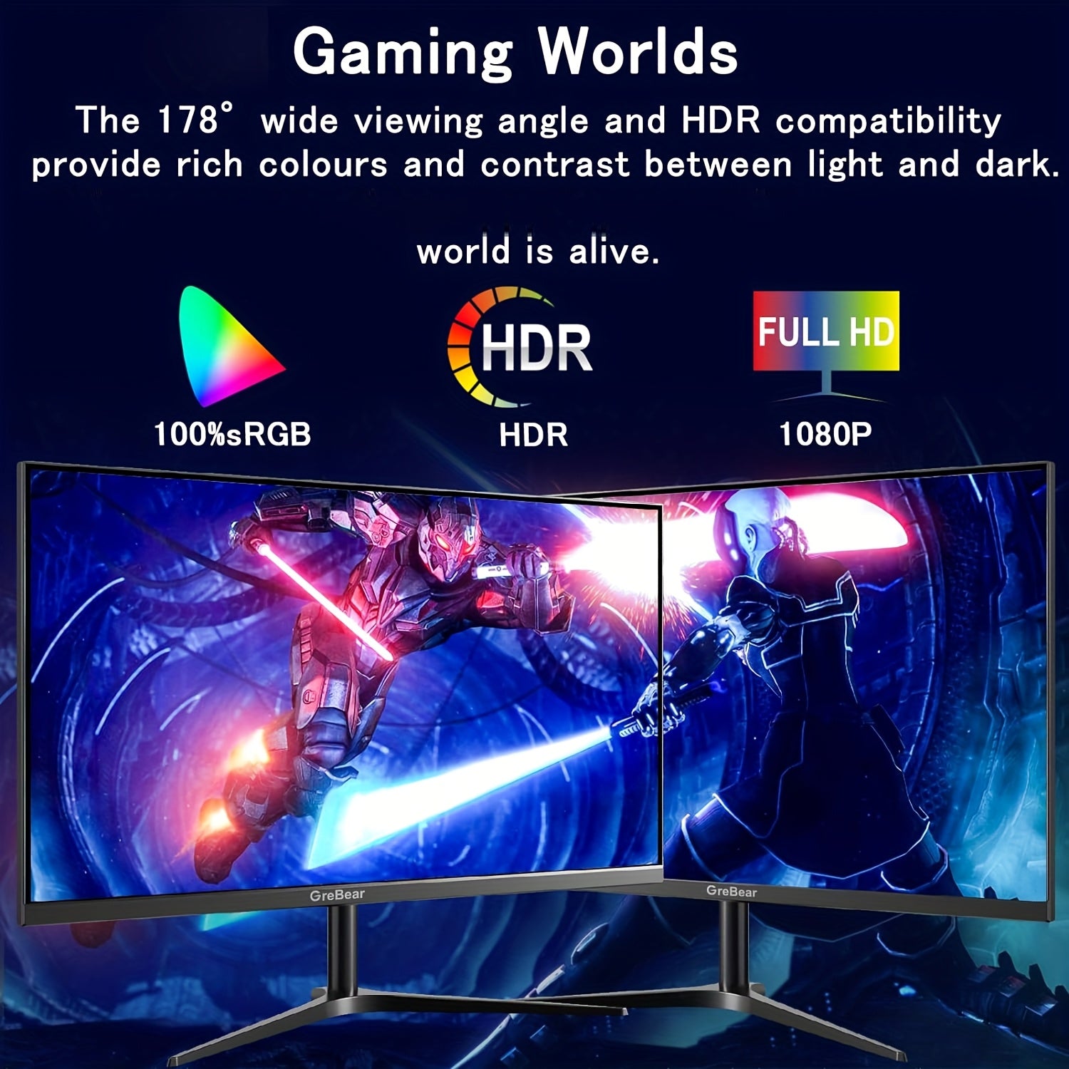 Grebear 24-Inch Gaming Monitor with 165/144Hz Refresh Rate - FHD 1080P IPS Screen, 1Ms (GTG), Perfect for Home Office Use, 100% Srgb, HDR, DP, Built-In Speakers, Tiltable, VESA Compatible.