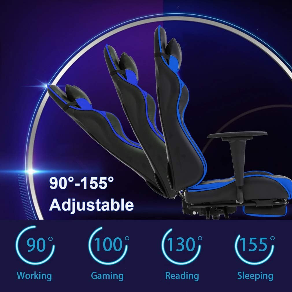 Blue Gaming Chair With Footrest And Lumbar Support For Desk