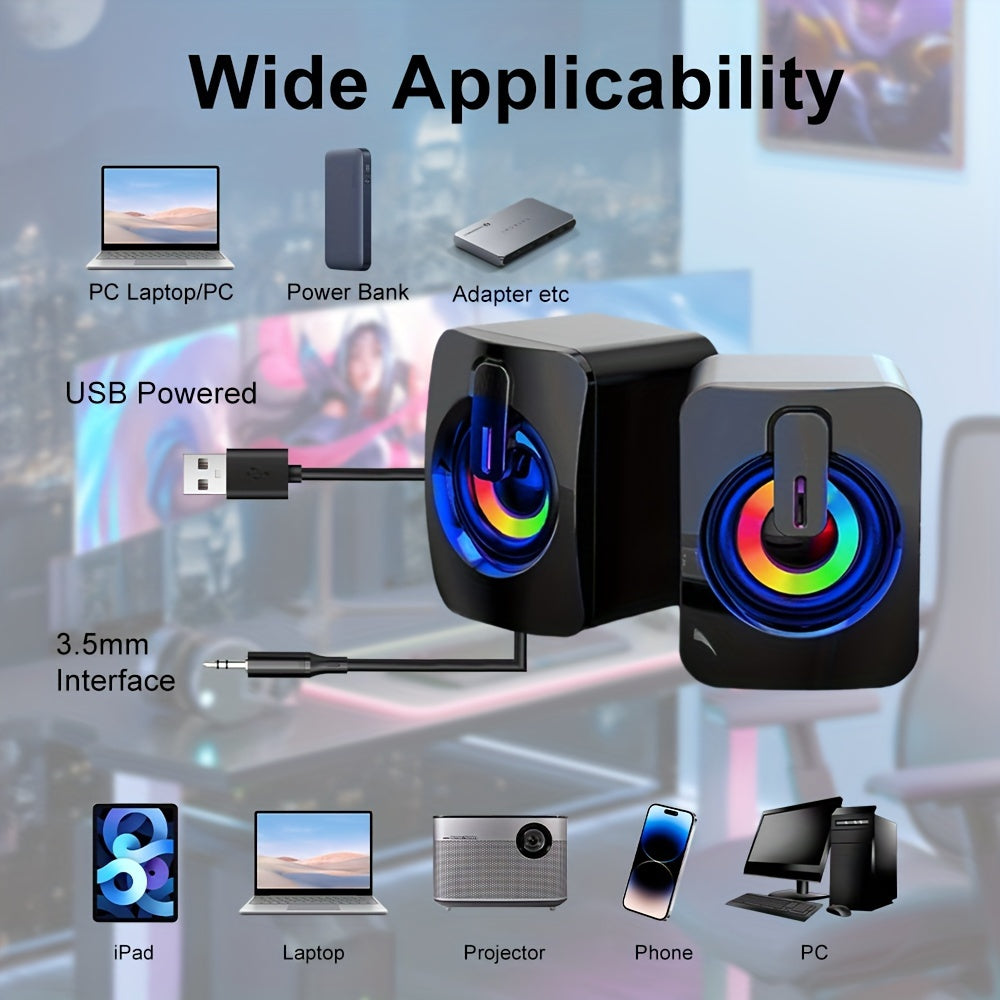 USB-Powered Desktop Computer Speakers 2.0 Channel Wired PC Speakers with Rainbow LED Backlight, ≤36V Operating Voltage, No Battery Required - Home Office Gaming Desk Audio Sound System