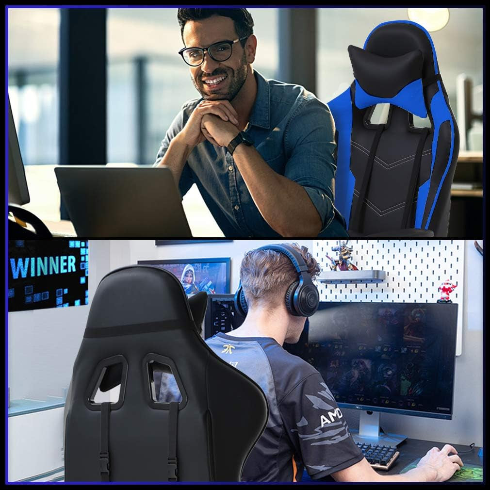 Blue Gaming Chair With Footrest And Lumbar Support For Desk