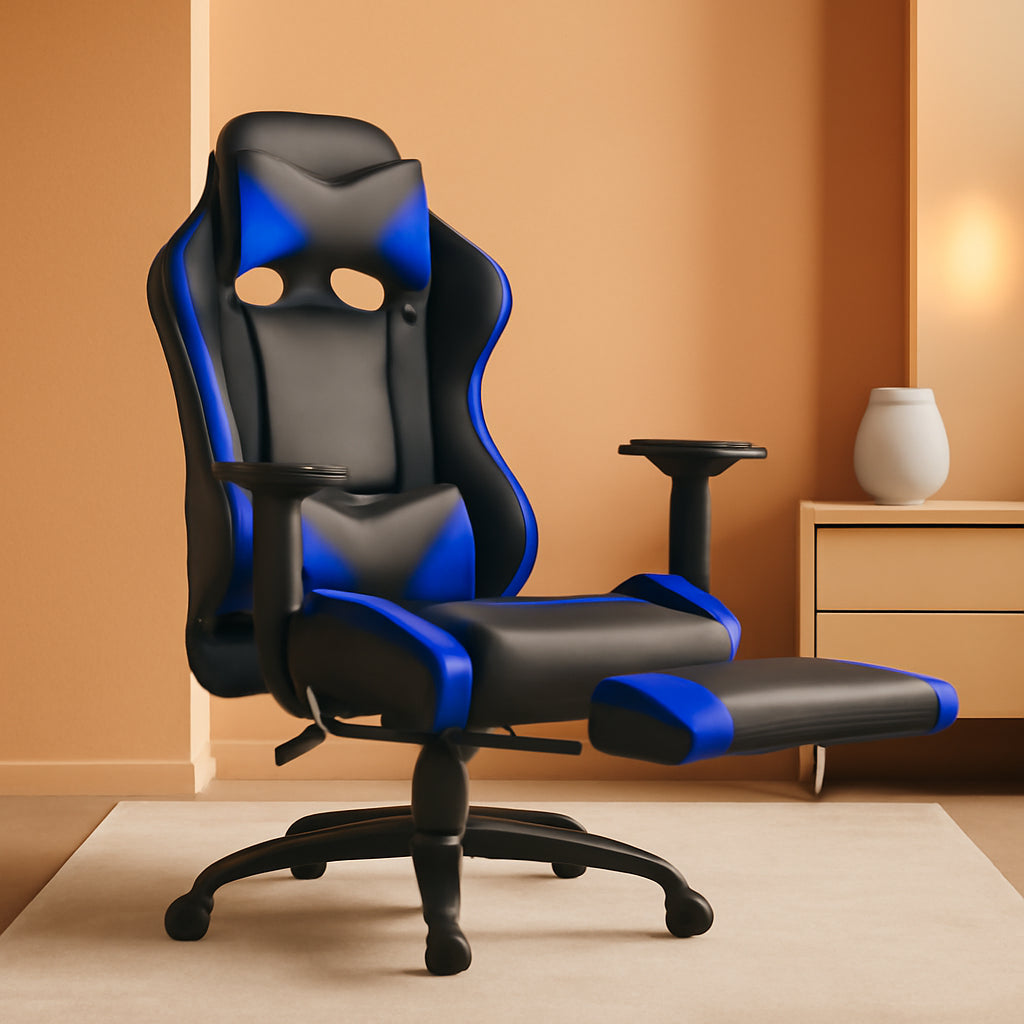 Blue Gaming Chair With Footrest And Lumbar Support For Desk