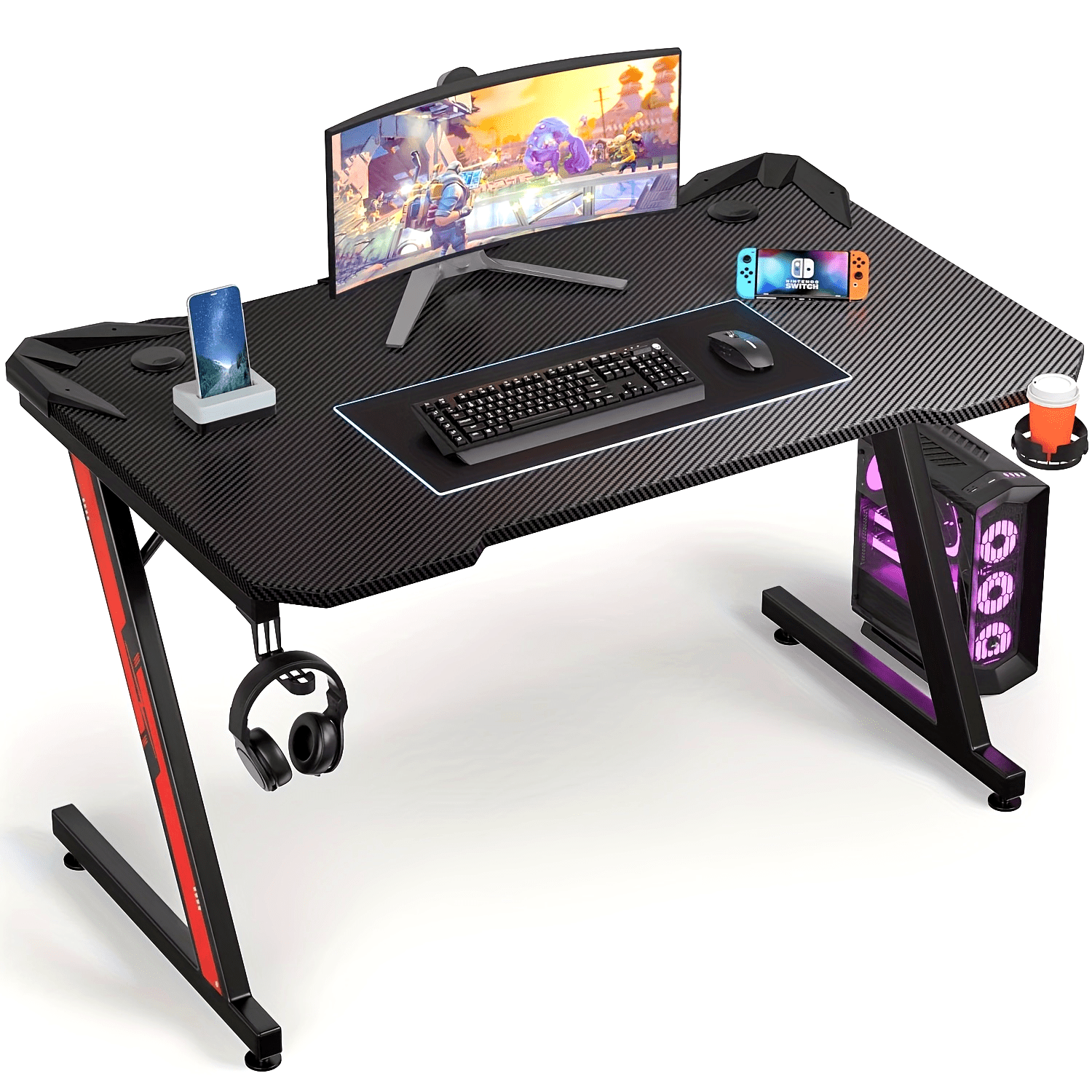 44 Inches Z-Shaped Gaming Desk Carbon Fiber Surface Desk with Cup Holder & Headphone Hook