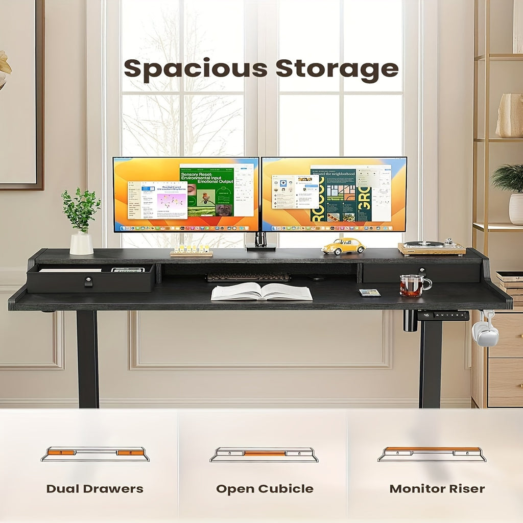 Electric Standing Desk with Drawers, 48" x 24" Adjustable Height Gaming Desk with Monitor Stand, C-Clamp Mount Compatible, Home Office Desk with Storage Shelf, 4 Preset Heights, Black