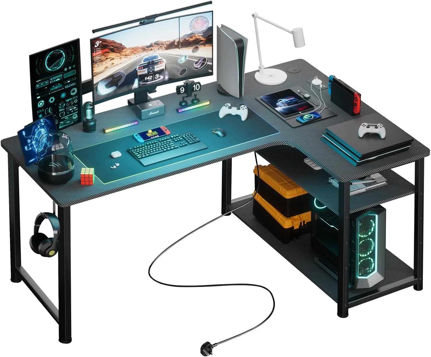 COMHOMA Desk Gaming table with Shelf, corner desk with USB charging port and socket, 120cm computer table L shape PC