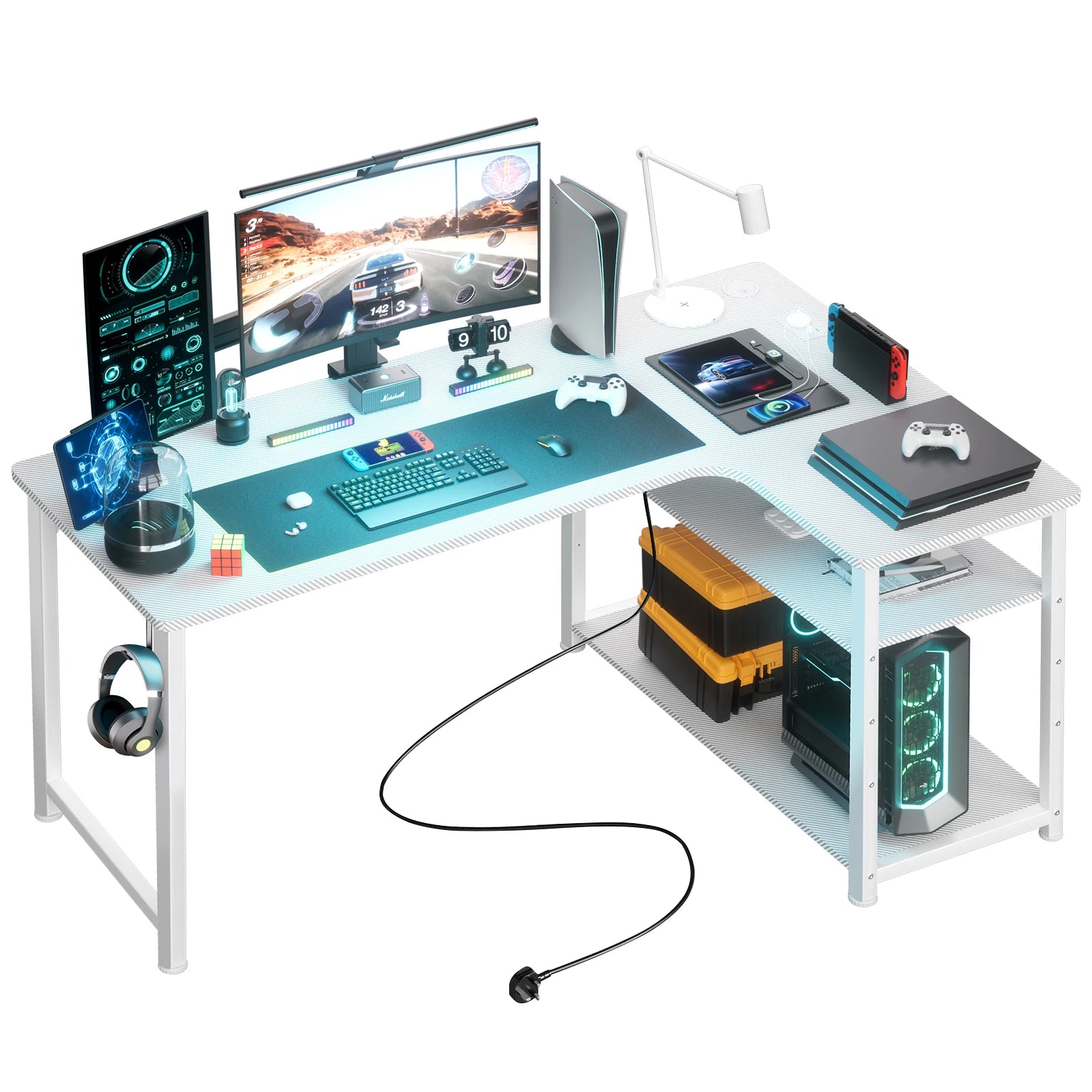 COMHOMA Desk Gaming table with Shelf, corner desk with USB charging port and socket, 120cm computer table L shape PC