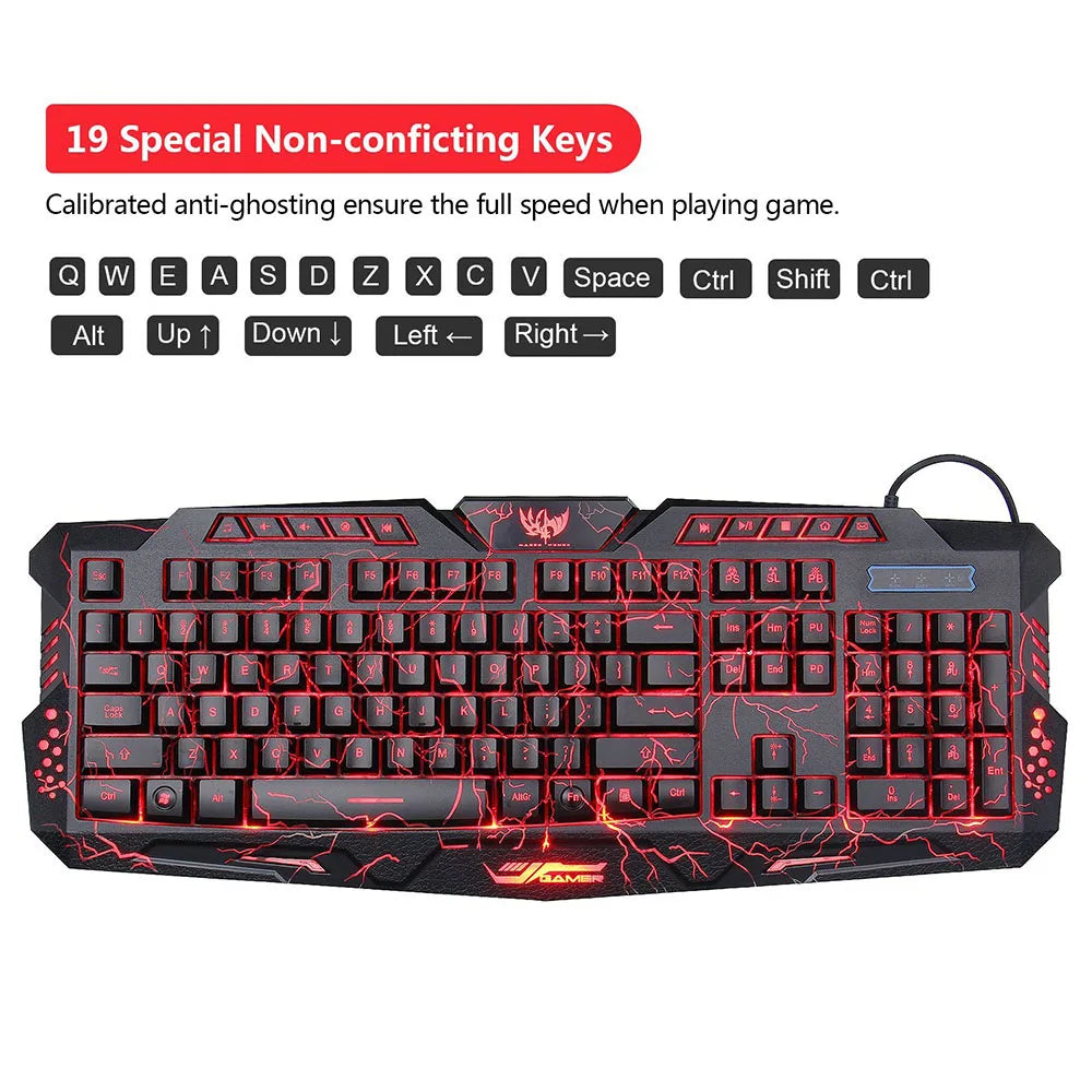 Gaming Keyboard Mechanical Computer Keyboard USB Wired LED 3 Color Red/Blue/Purple Backlit Gamer Lighted Keyboard With MousePad