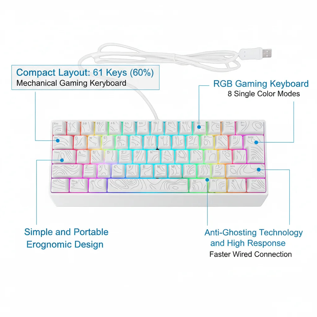60% Gaming Keyboard 61 Key RGB Gaming Keyboard Mechanical RGB Backlit Ergonomic Design Wired Keyboard Mechanical Gaming Keyboard
