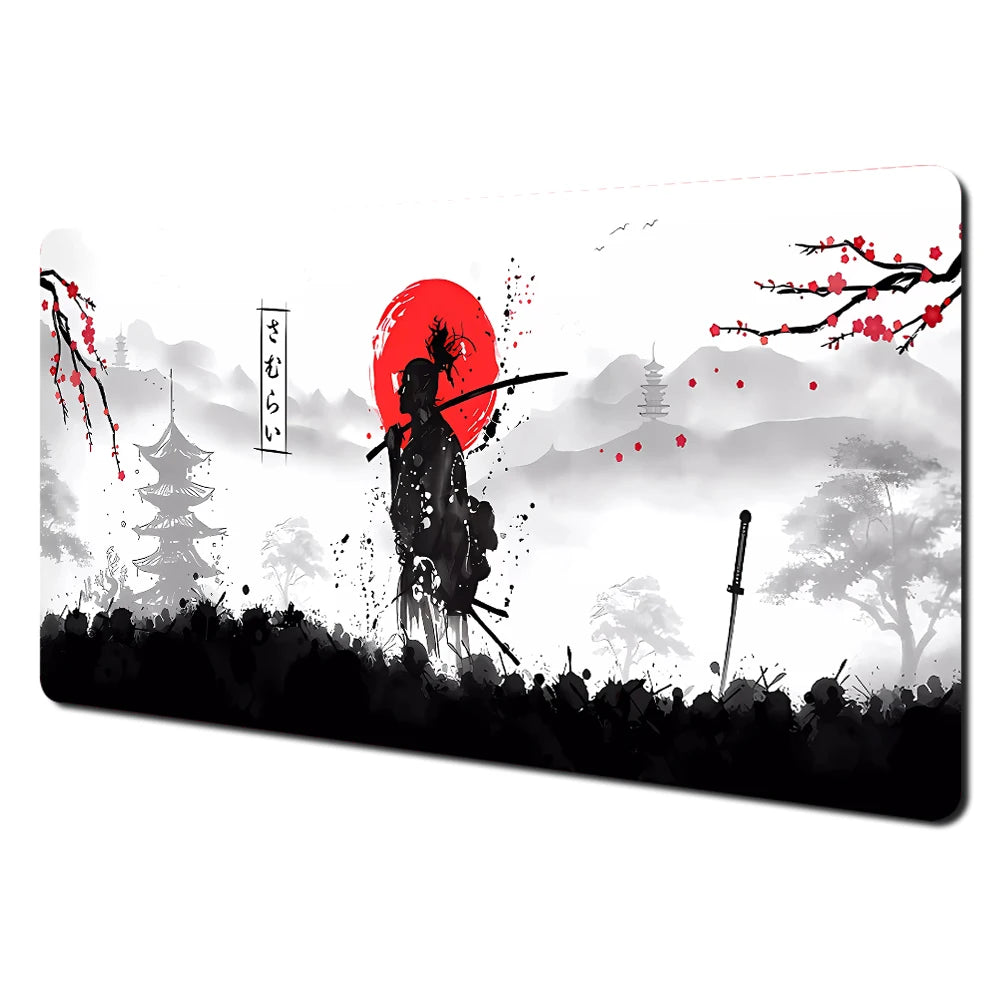 Red full moon samurai design Mouse Pad Desk Mat with Stitched Edges non-Slip rubber base pc accessories Gaming mat maus pad