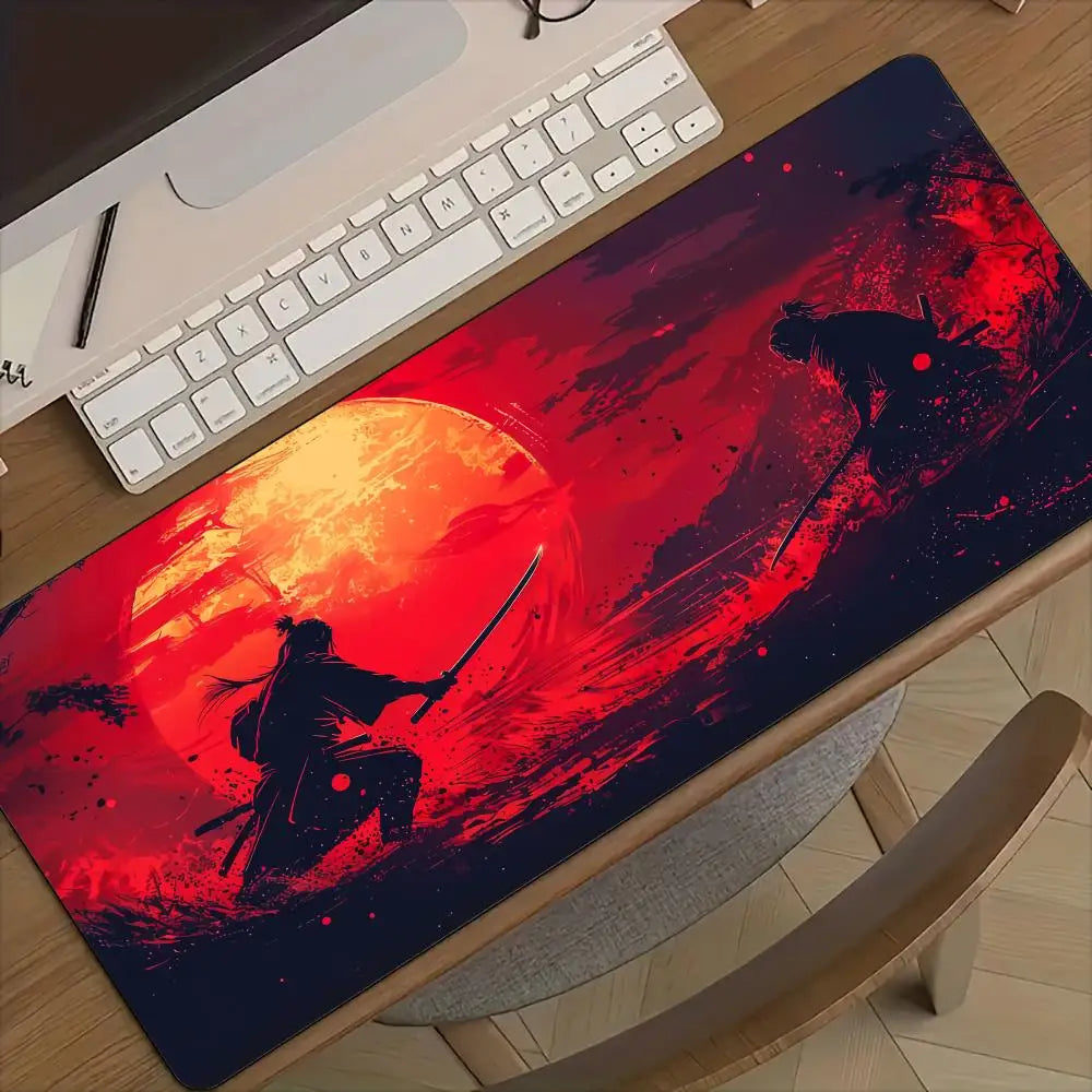 Red full moon samurai design Mouse Pad Desk Mat with Stitched Edges non-Slip rubber base pc accessories Gaming mat maus pad