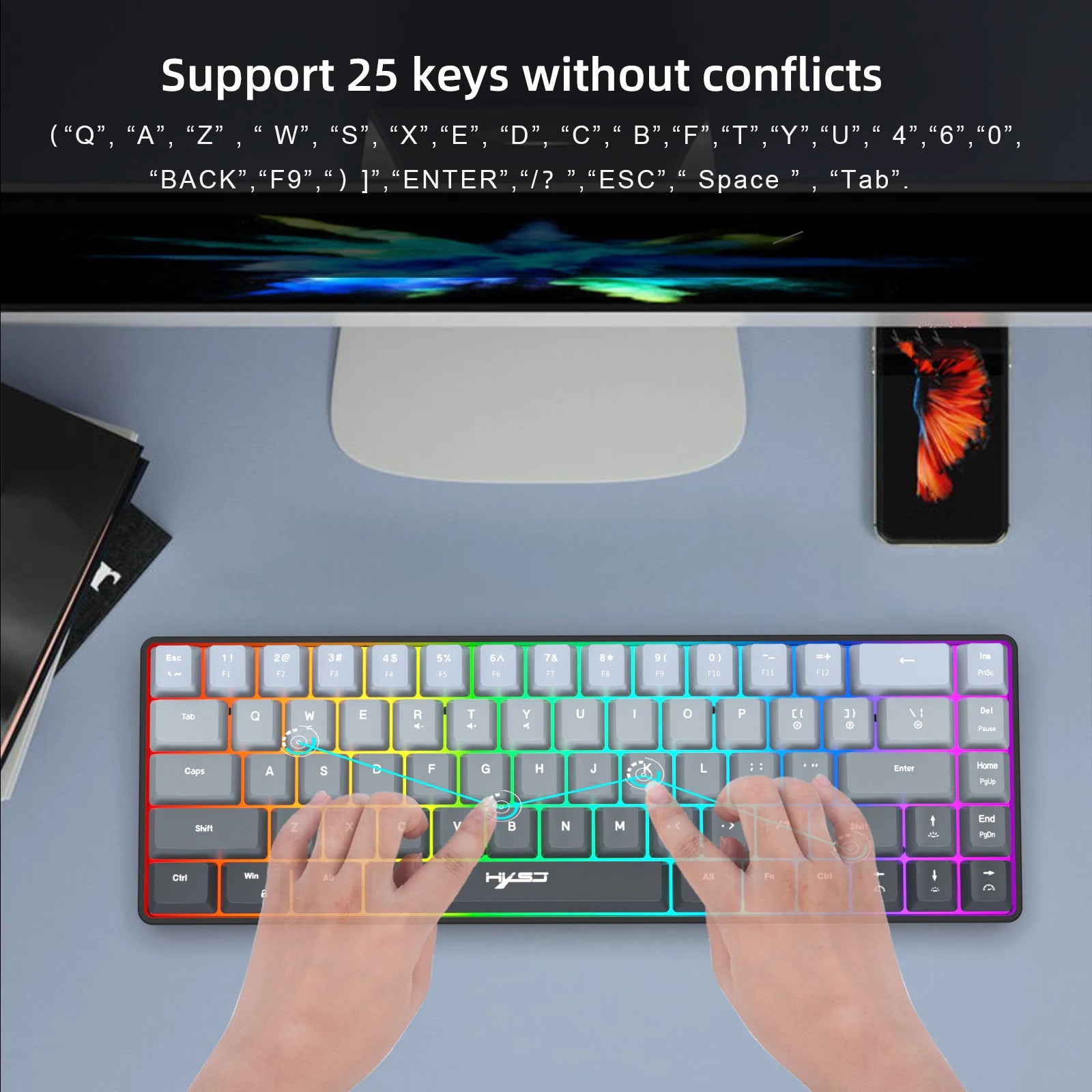 Gaming Keyboard, RGB Backlit Mini Wired Keyboard, Ultra-Compact Anti-Ghosting No-Conflict 68 Keys Membrane Gaming Wired Keyboard