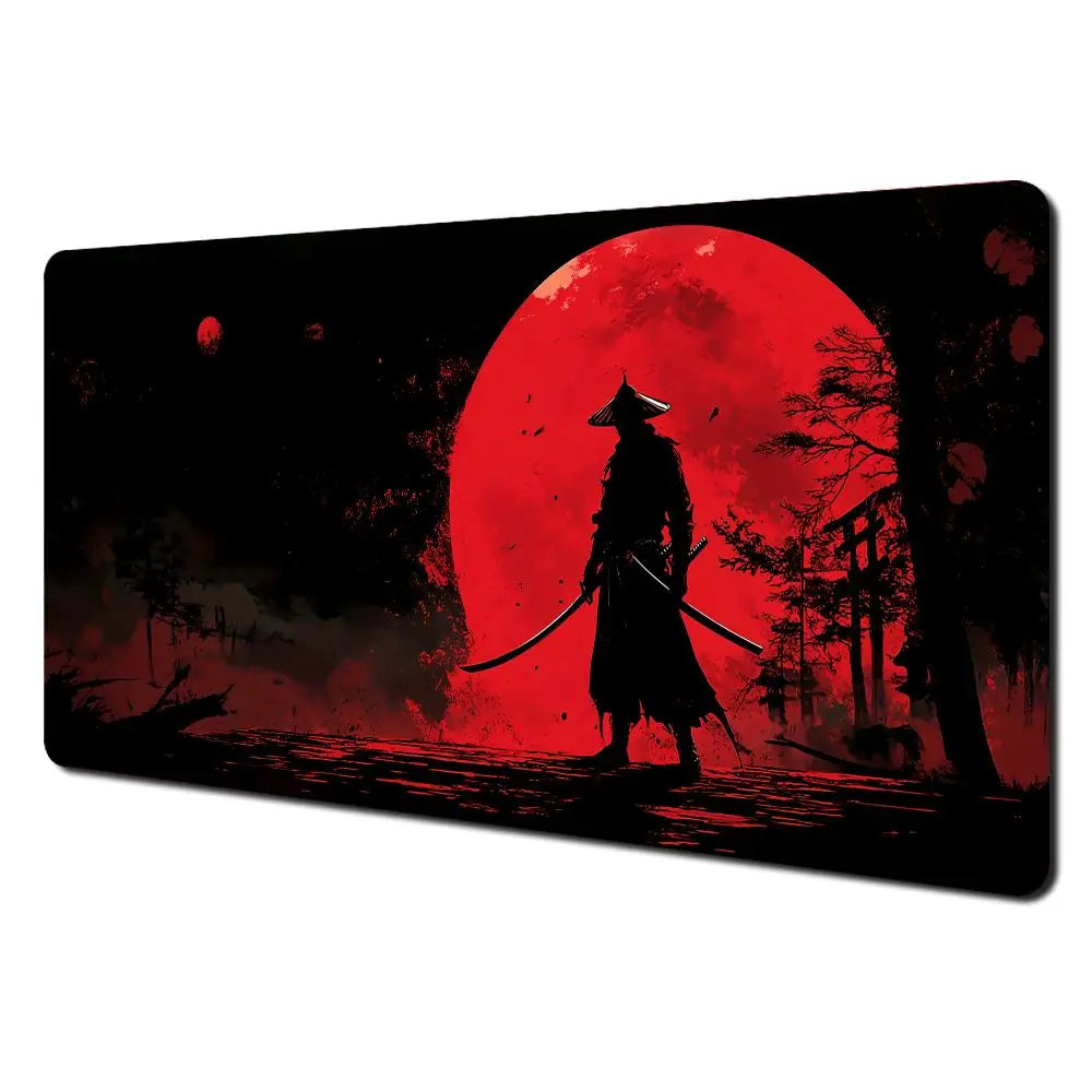 Red full moon samurai design Mouse Pad Desk Mat with Stitched Edges non-Slip rubber base pc accessories Gaming mat maus pad