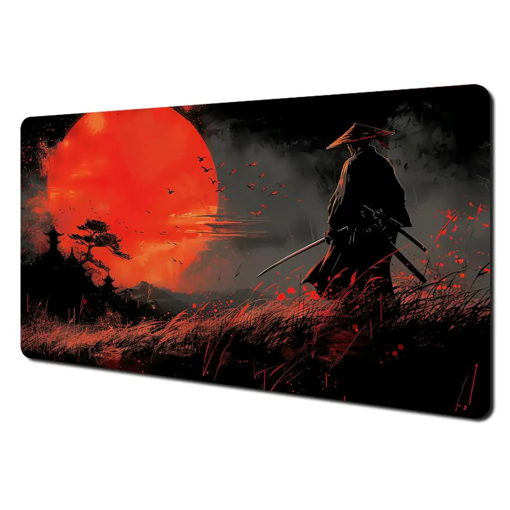 Red full moon samurai design Mouse Pad Desk Mat with Stitched Edges non-Slip rubber base pc accessories Gaming mat maus pad