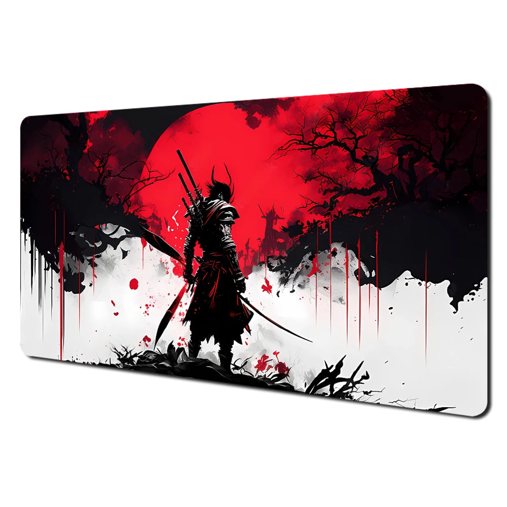 Red full moon samurai design Mouse Pad Desk Mat with Stitched Edges non-Slip rubber base pc accessories Gaming mat maus pad