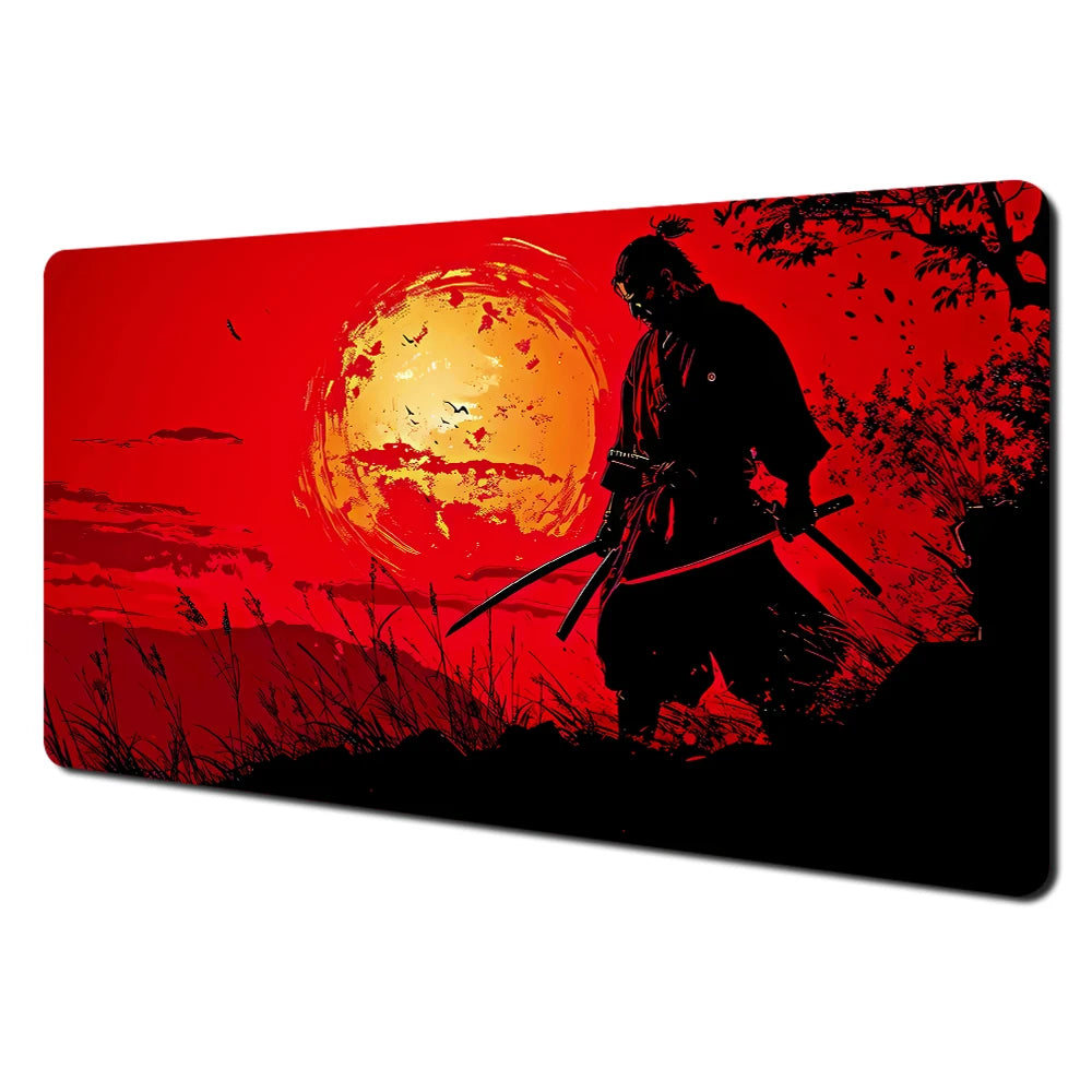 Red full moon samurai design Mouse Pad Desk Mat with Stitched Edges non-Slip rubber base pc accessories Gaming mat maus pad