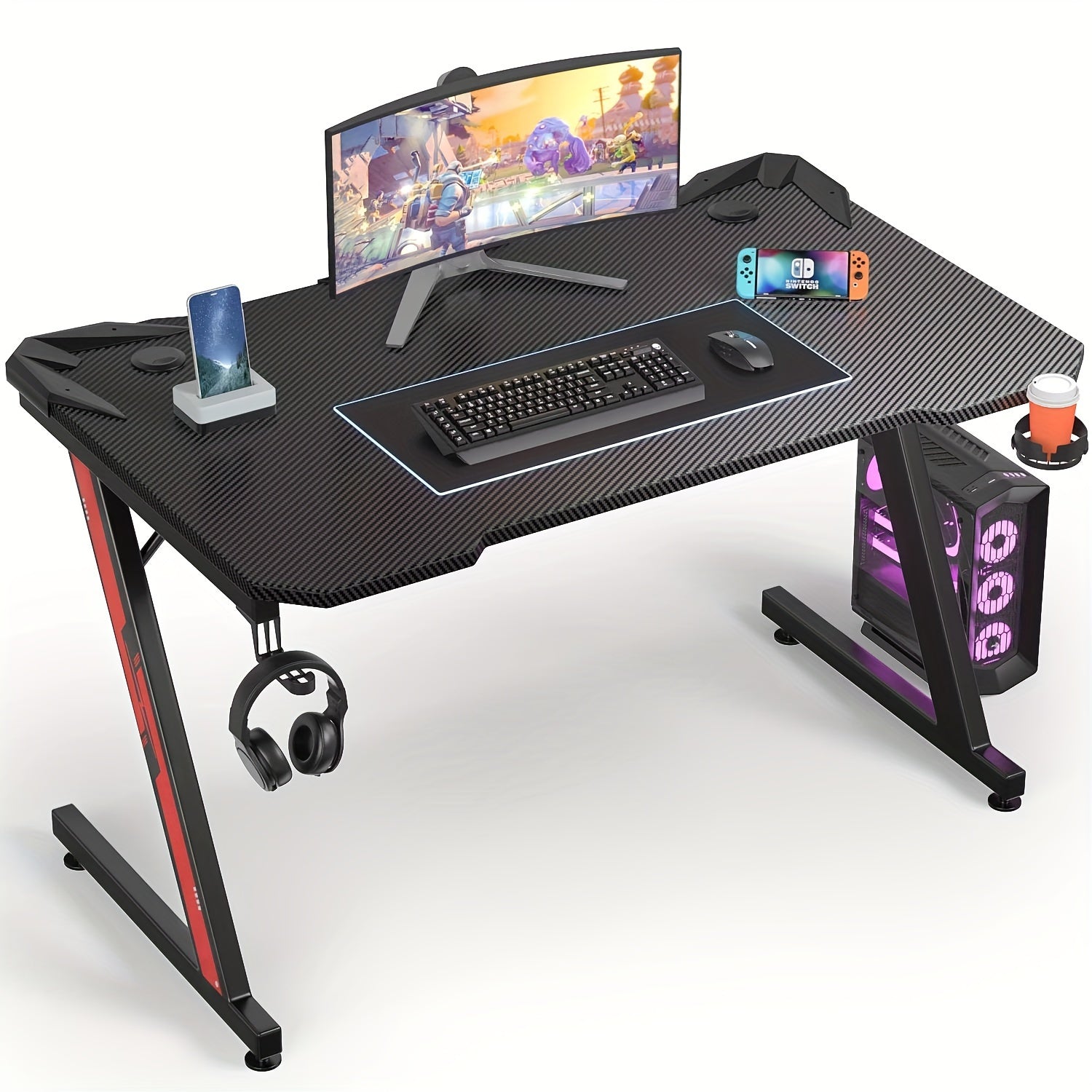 44 Inches Z-Shaped Gaming Desk Carbon Fiber Surface Desk with Cup Holder & Headphone Hook