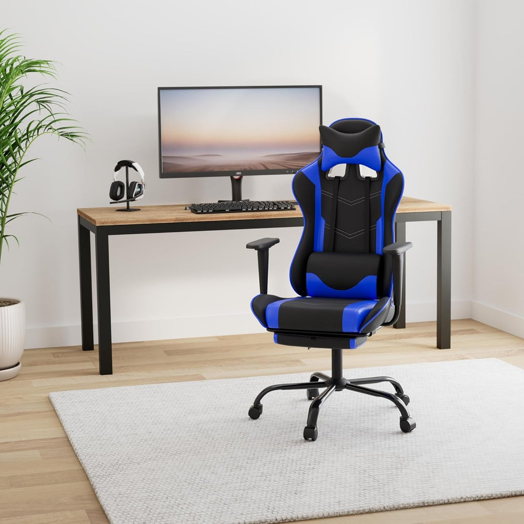 Blue Gaming Chair With Footrest And Lumbar Support For Desk