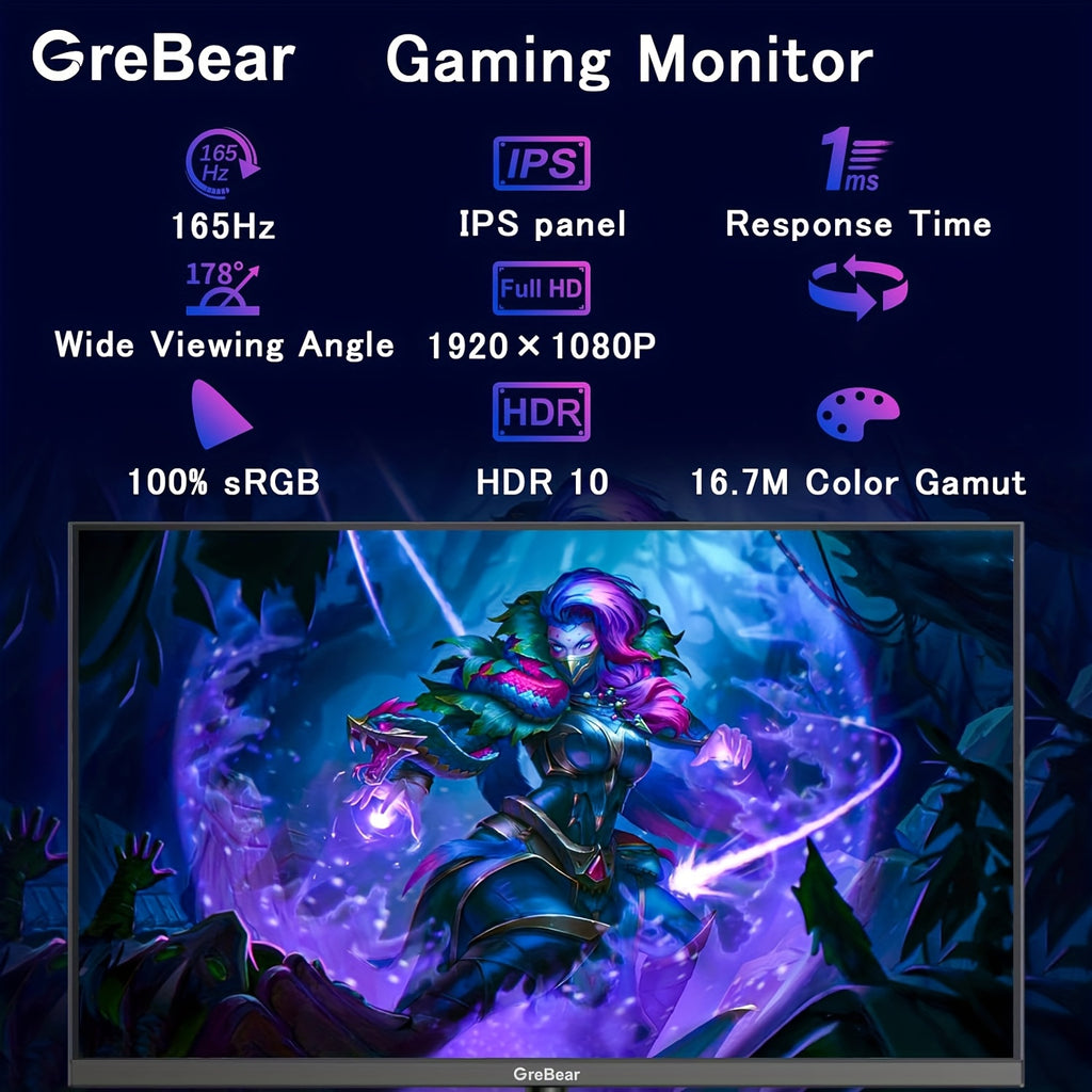 Grebear 24-Inch Gaming Monitor with 165/144Hz Refresh Rate - FHD 1080P IPS Screen, 1Ms (GTG), Perfect for Home Office Use, 100% Srgb, HDR, DP, Built-In Speakers, Tiltable, VESA Compatible.