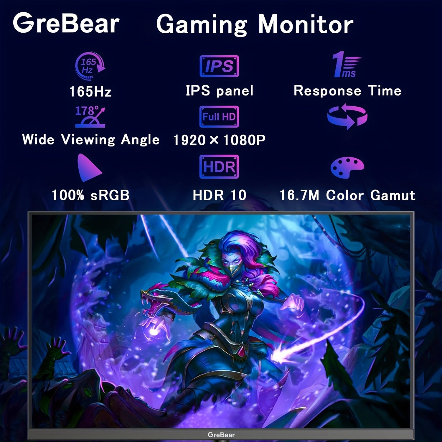 Grebear 24-Inch Gaming Monitor with 165/144Hz Refresh Rate - FHD 1080P IPS Screen, 1Ms (GTG), Perfect for Home Office Use, 100% Srgb, HDR, DP, Built-In Speakers, Tiltable, VESA Compatible.
