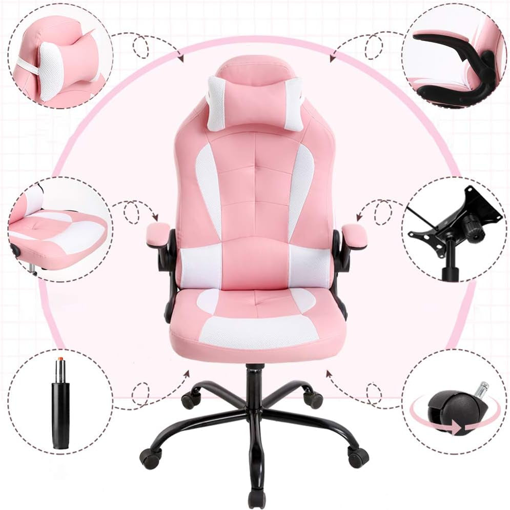 Chaise de jeu rose ergonomique avec soutien lombaire pour plus de confort