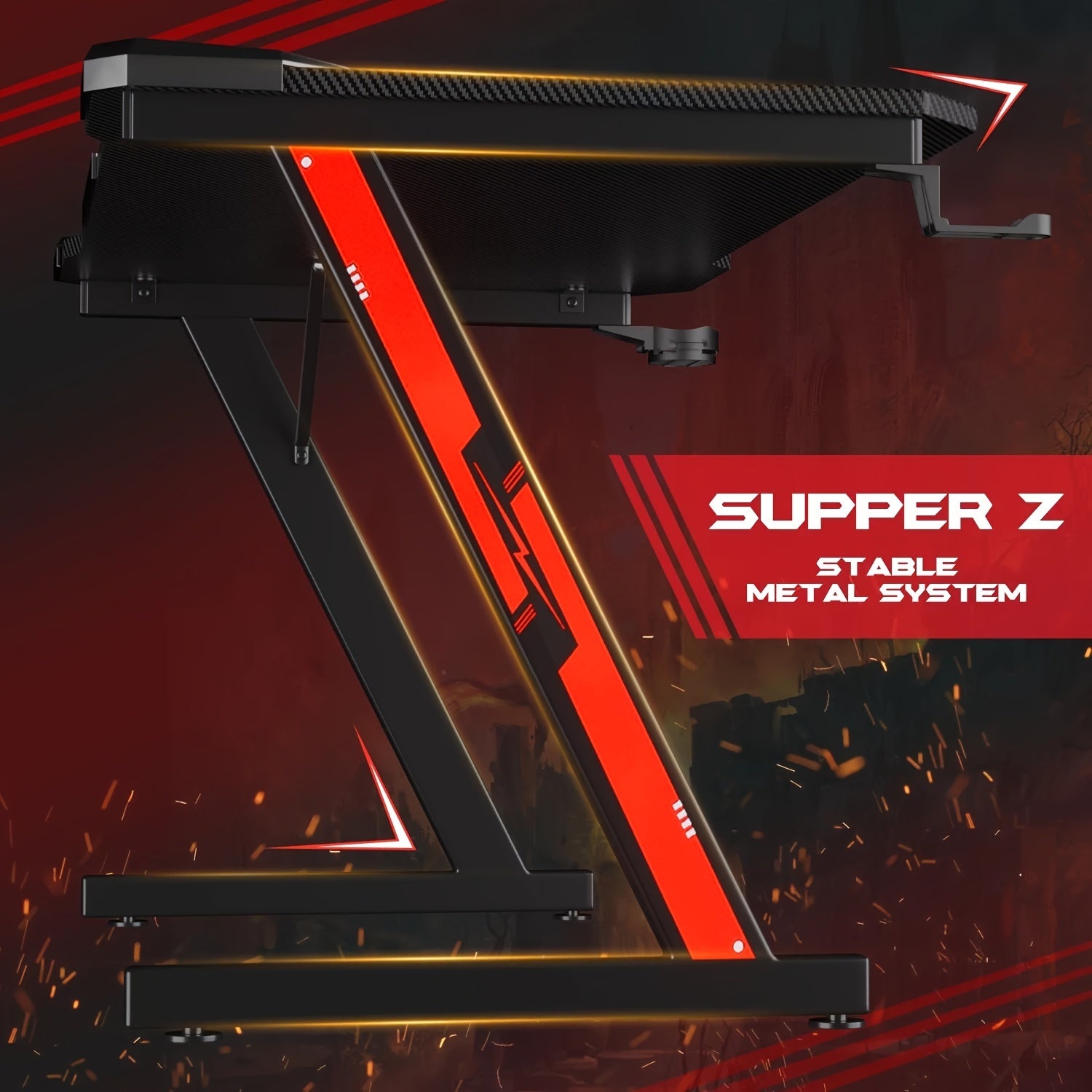 44 Inches Z-Shaped Gaming Desk Carbon Fiber Surface Desk with Cup Holder & Headphone Hook