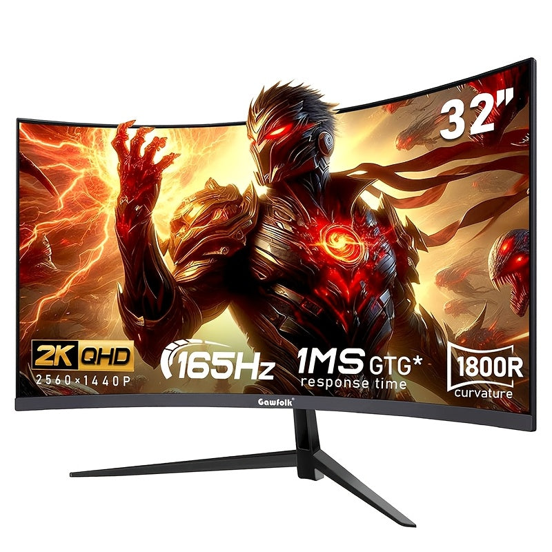 [1pc 81.28cm Curved Gaming Monitor] 1pc GAWFOLK 81.28cm Curved LCD Monitor, Full HD 1080P, 2560x1440 Resolution, 75/165Hz, NTSC Color Gamut, USB Powered, VESA Mount Compatible, 1500R Curvature, PC Gaming Display