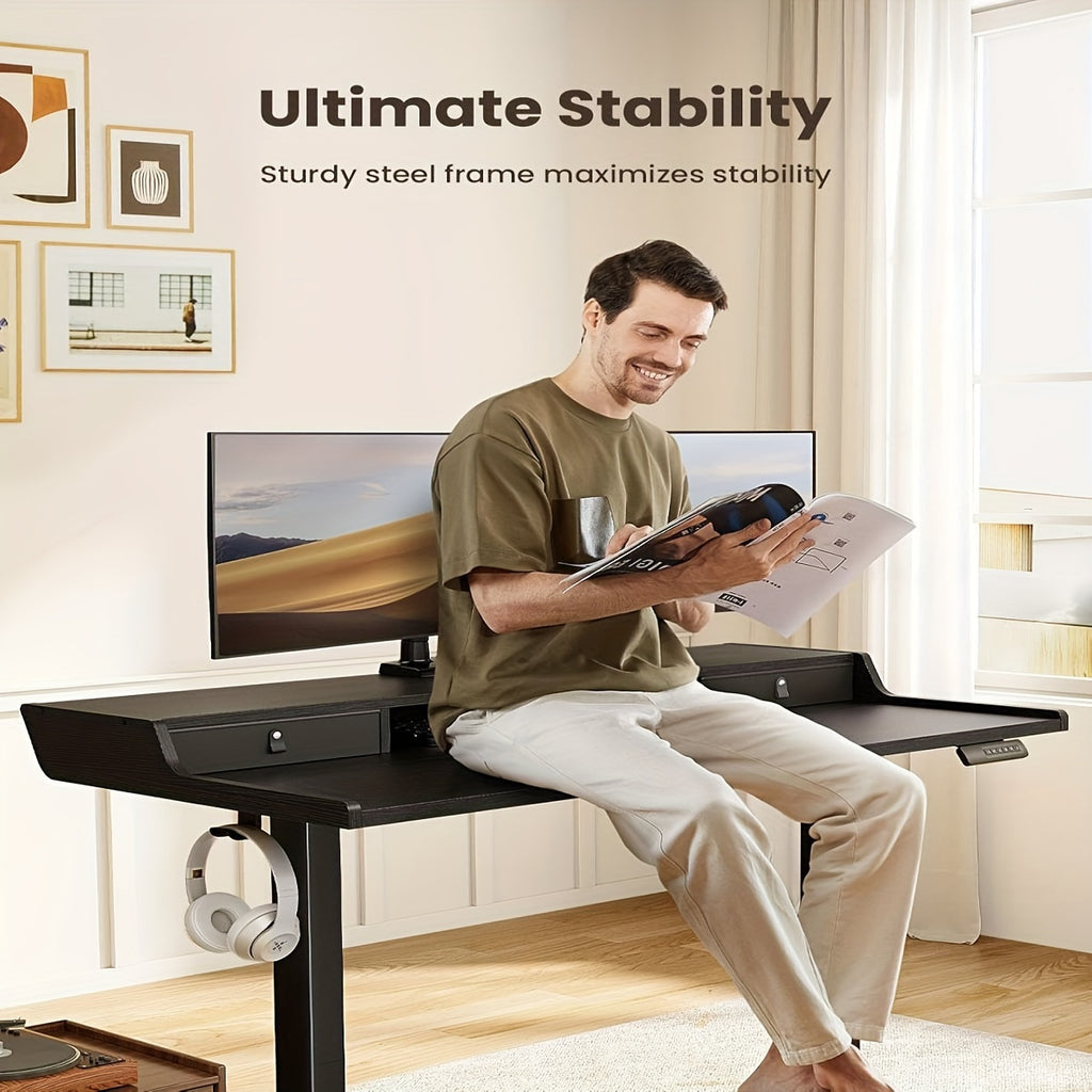 Electric Standing Desk with Drawers, 48" x 24" Adjustable Height Gaming Desk with Monitor Stand, C-Clamp Mount Compatible, Home Office Desk with Storage Shelf, 4 Preset Heights, Black