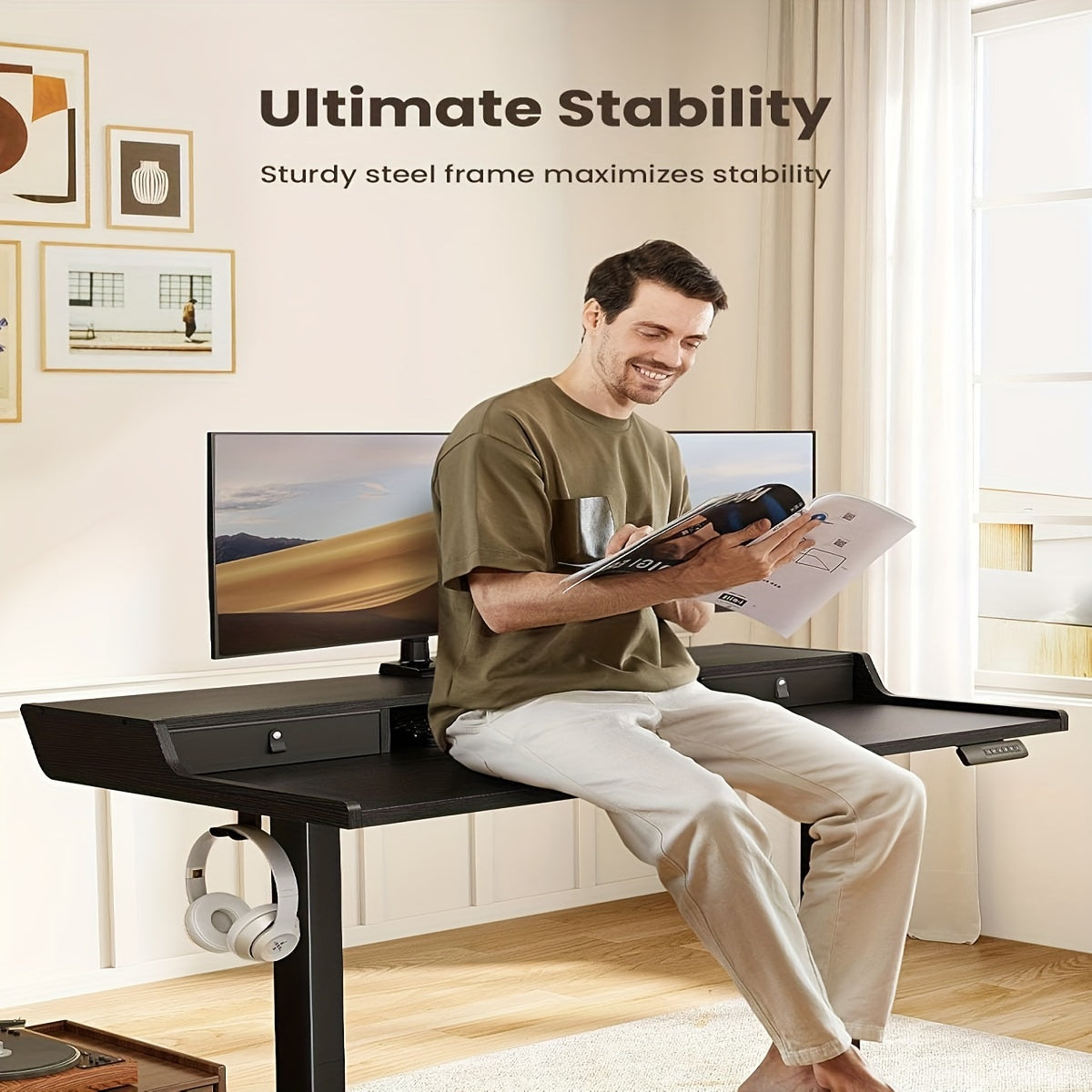 Electric Standing Desk with Drawers, 48" x 24" Adjustable Height Gaming Desk with Monitor Stand, C-Clamp Mount Compatible, Home Office Desk with Storage Shelf, 4 Preset Heights, Black