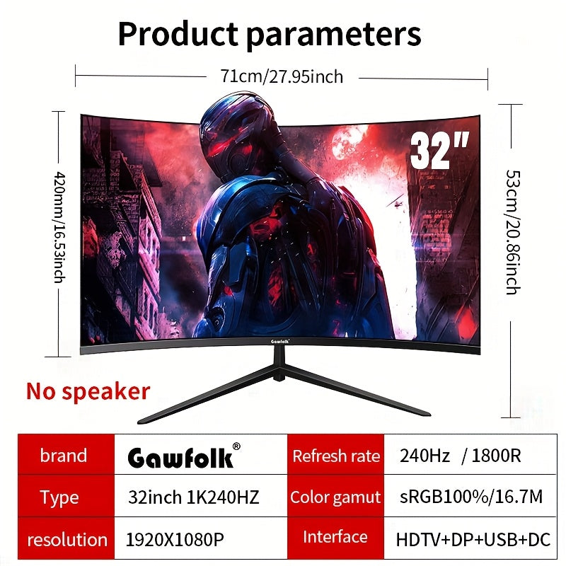 Gawfolk 32-Inch Curved Gaming Monitor 180Hz FHD 1080P, Frameless 1500R PC Computer Screen with VESA Mount, Immersive Wide-Angle View for Gaming & Multimedia, Sleek Frameless Design, High Resolution Screen